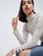 Asos Design Roll Neck Skinny Rib Sweater With Button Cuff-stone