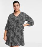 Vero Moda Curve Smock Dress With Ruffle Sleeve In Black Abstract Print-multi