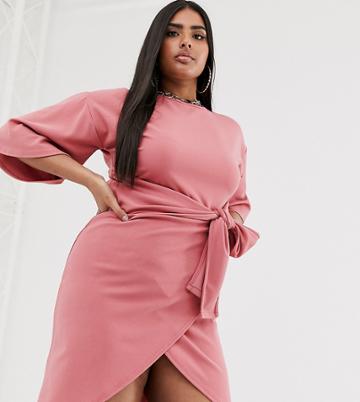Boohoo Plus Exclusive Wrap Midi Dress With Kimono Sleeve And Belted Waist In Pink - Pink