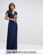 Tfnc Tall Wedding V Front Maxi Dress With Frill Sleeve - Navy