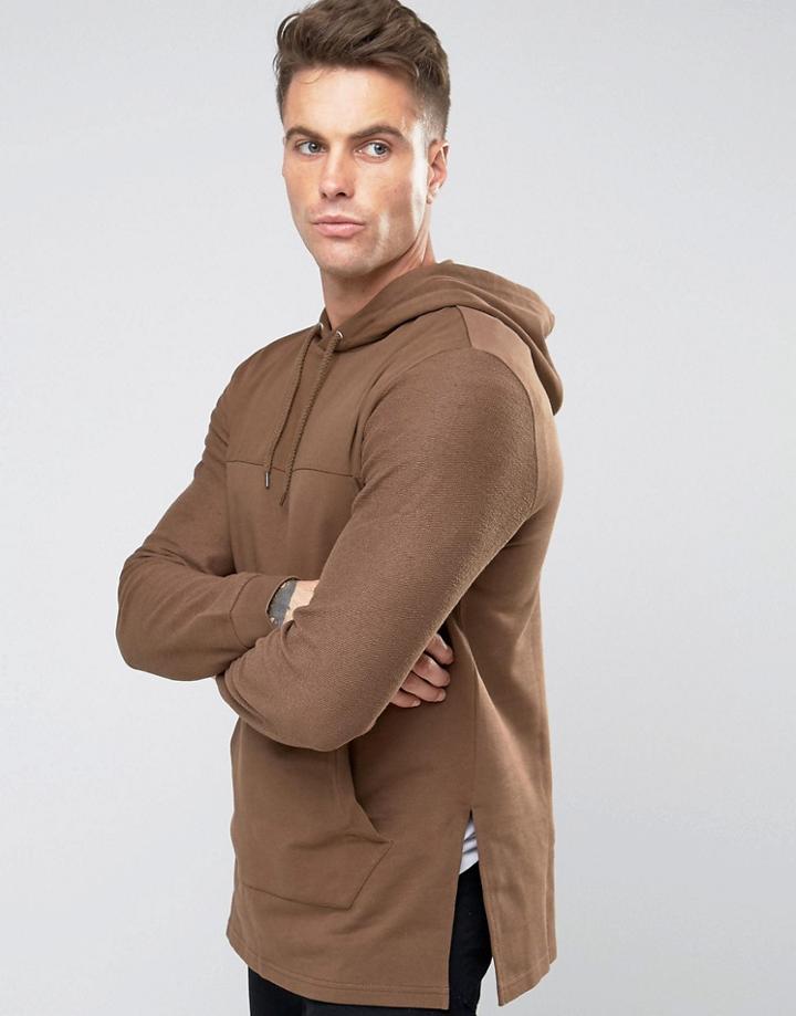 Asos Longline Hoodie With Woven Cut & Sew In Brown - Beige