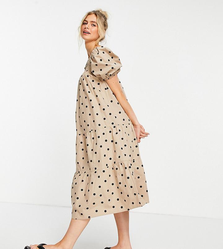 Influence Maternity Puff Sleeve Cotton Poplin Midi Dress In Stone Polka Dot-neutral