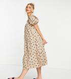 Influence Maternity Puff Sleeve Cotton Poplin Midi Dress In Stone Polka Dot-neutral
