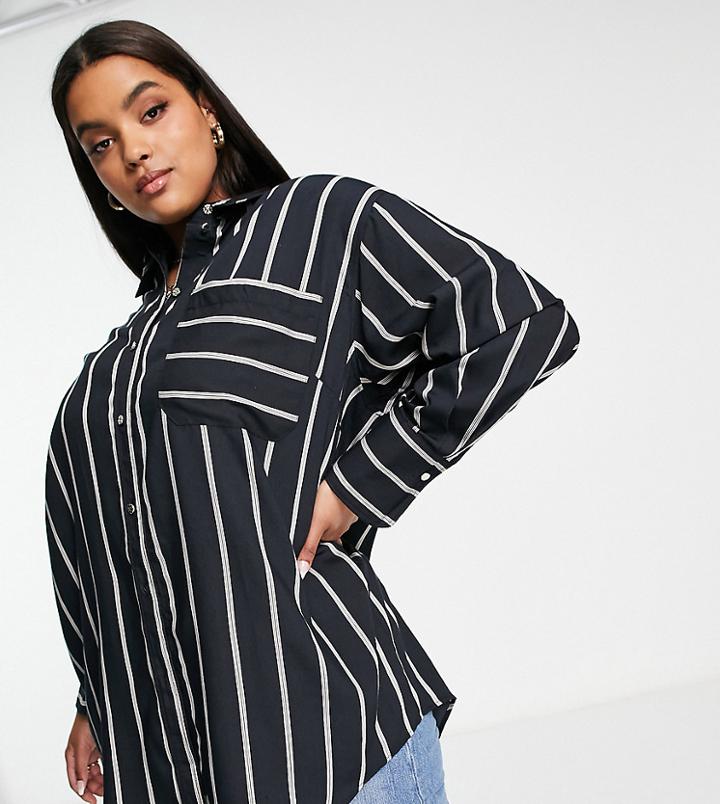 River Island Plus Boyfriend Shirt In Black Stripe