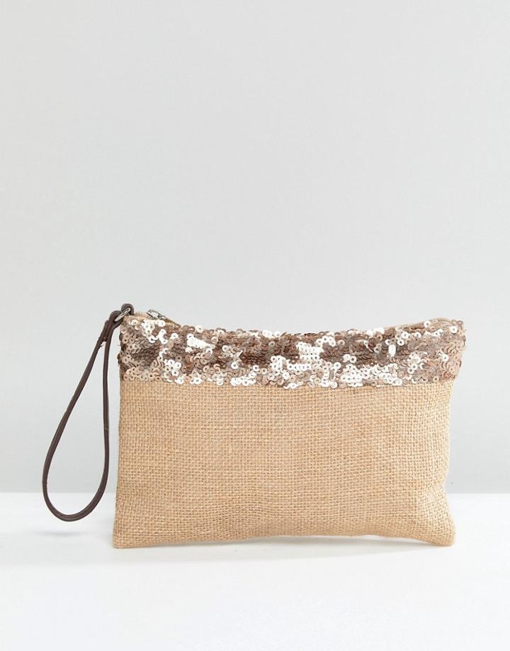 South Beach Jute Clutch With Metallic Trim And Zip - Multi