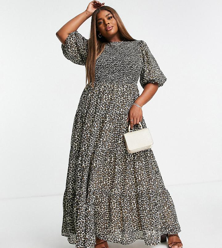 Asos Design Curve Shirred Tiered Maxi Dress In Animal Print-multi