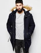 Asos Parka With Faux Shearling Hood In Navy - Navy
