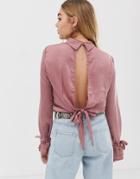 Prettylittlething High Neck Satin Open Back Blouse In Rose - Beige