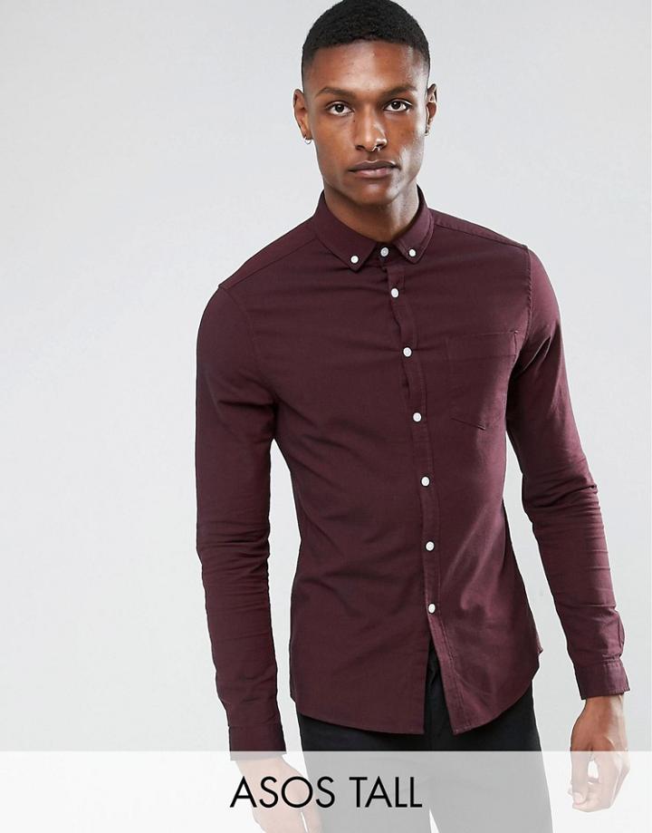 Asos Tall Skinny Casual Oxford Shirt In Burgundy - Red