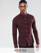 Asos Tall Skinny Casual Oxford Shirt In Burgundy - Red