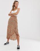Pull & Bear Asymmetric Floral Wrap Midi Skirt In Multi - Multi