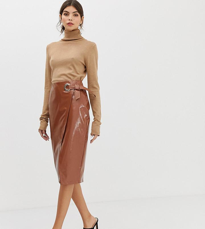 River Island Patent Midi Skirt With Wrap Detail In Tan - Tan
