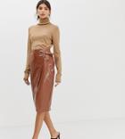 River Island Patent Midi Skirt With Wrap Detail In Tan - Tan
