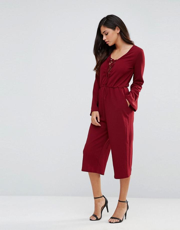 Ax Paris Lace Up Culotte Jumpsuit - Wine