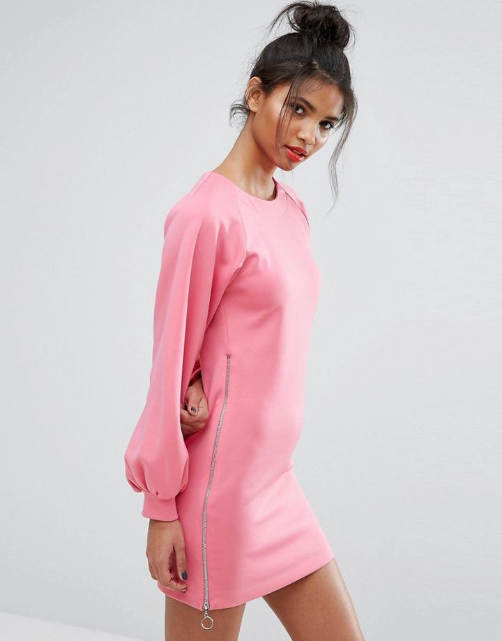 Asos Balloon Sleeve Scuba Sweat Mini Dress - Pink