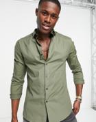 New Look Long Sleeve Muscle Fit Poplin Shirt In Khaki-green