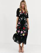Asos Design Dobby Embroidered Button Through Maxi Tea Dress In Black