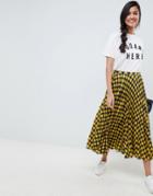 Asos Design Yellow Check Pleated Midi Skirt
