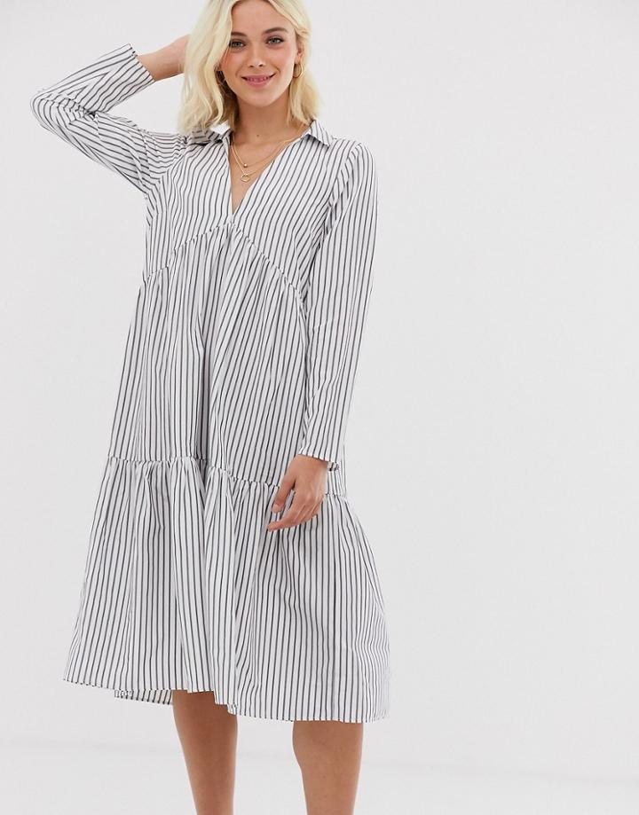 Asos Design Tiered Collared Cotton Smock Midi Dress With Long Sleeves In Cut About Stripe - Multi