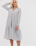 Asos Design Tiered Collared Cotton Smock Midi Dress With Long Sleeves In Cut About Stripe - Multi