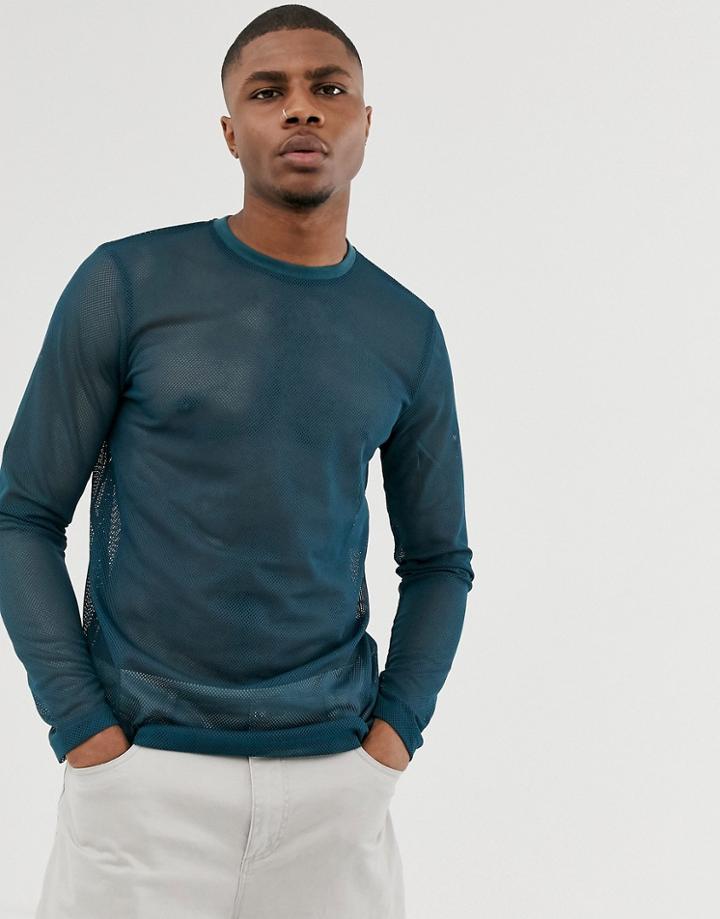 Asos Design Long Sleeve T-shirt In Navy Mesh