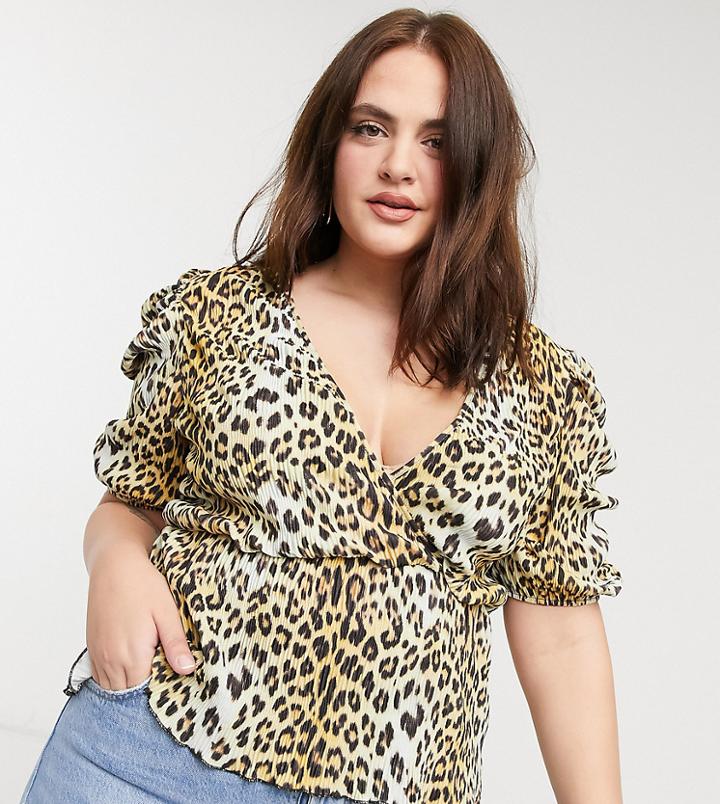 Asos Design Curve Plisse Volume Sleeve Wrap Top In Leopard Print-multi