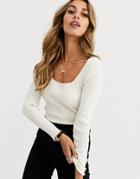 Asos Design Scoop Neck Long Sleeve Sweater In Fine Knit Rib-cream