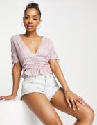 Asos Design V Neck Tea Blouse With Ruched Waist Detail And Peplum Hem In Lilac Animal-multi