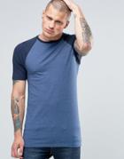 Asos Longline Muscle T-shirt With Contrast Raglan Sleeves In Blue - Blue