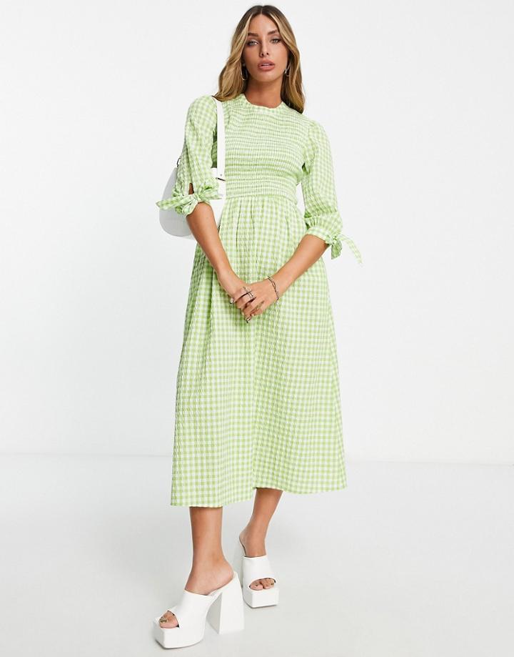 Whistles Long Sleeve Maxi Tea Dress In Neon Green Gingham