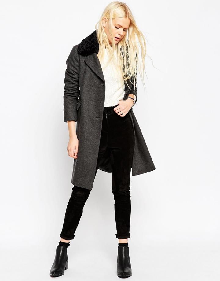 Asos Wrap Coat With Faux Fur Collar - Gray Marl
