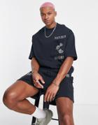 Asos Design Oversized Short Sleeve Sweatshirt In Blue With Floral Embroidery - Part Of A Set-black