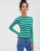 Brave Soul Skinny Rib Stripe Sweater In Jade-green