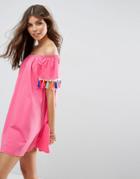 Asos Off Shoulder Sundress With Multi Color Tassel Detail - Pink