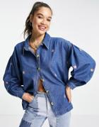Native Youth Oversized Denim Shirt With Flower Embroidery - Part Of A Set-blues