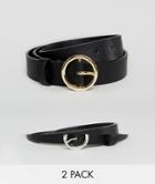 Asos Design 2 Pack Circle Buckle Waist And Hip Belts - Black