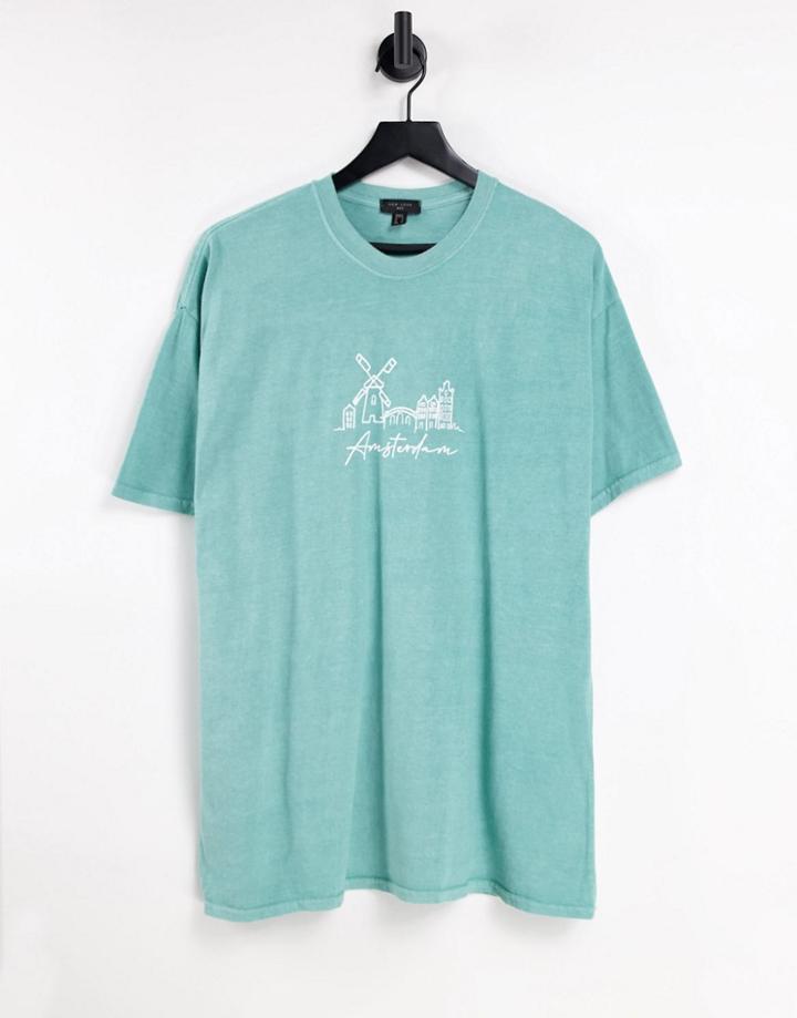 New Look Oversized T-shirt With Amsterdam Skyline Print In Washed Green