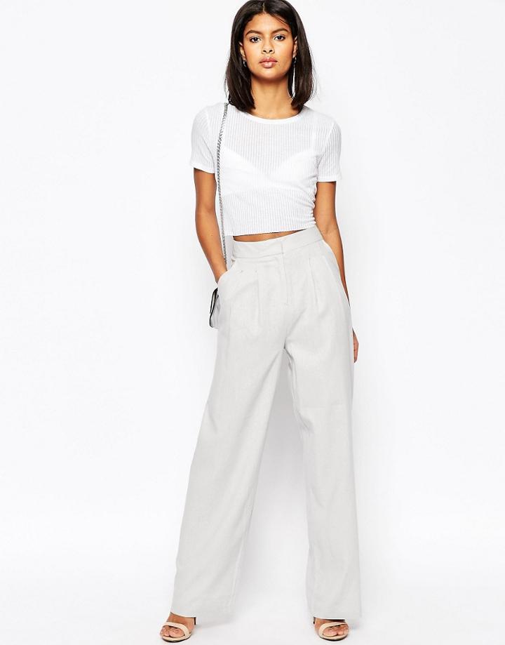 Asos Wide Leg Pants In Linen - Gray
