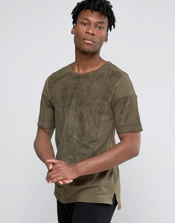 Black Kaviar Oversized Suedette T-shirt With Big Pocket - Green