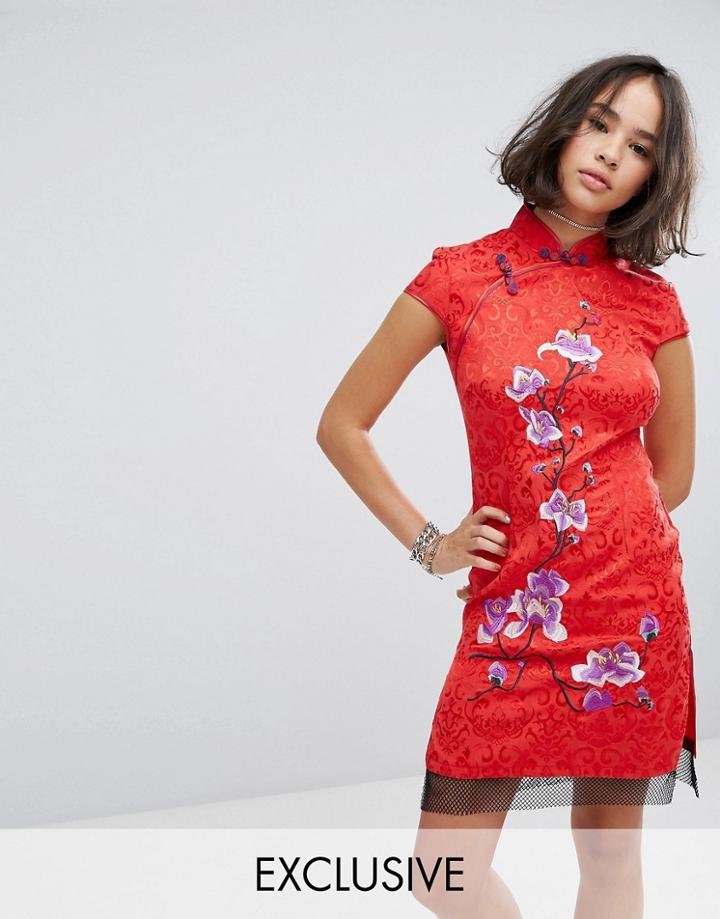 Reclaimed Vintage Inspired High Neck Dress In Brocade With Floral Embroidery - Red