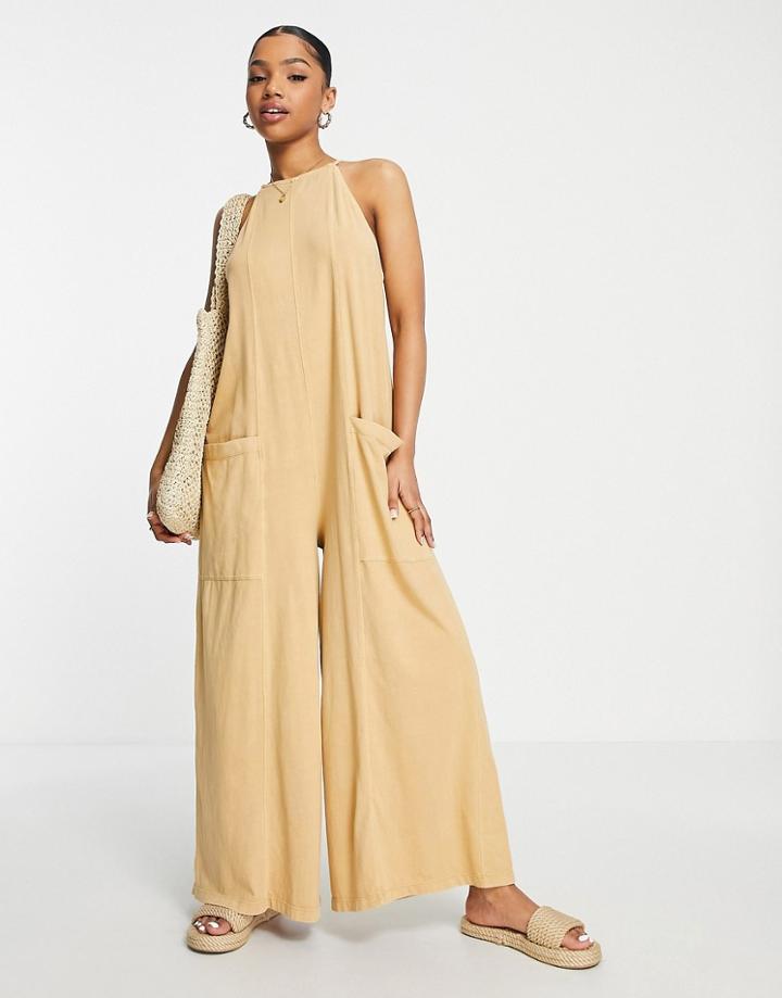 Asos Design Washed Slouched Pocket Jumpsuit In Stone-neutral
