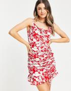 In The Style X Jac Jossa Cowl Front Ruched Mini Dress With Ruffle Hem In Red Floral Print-multi