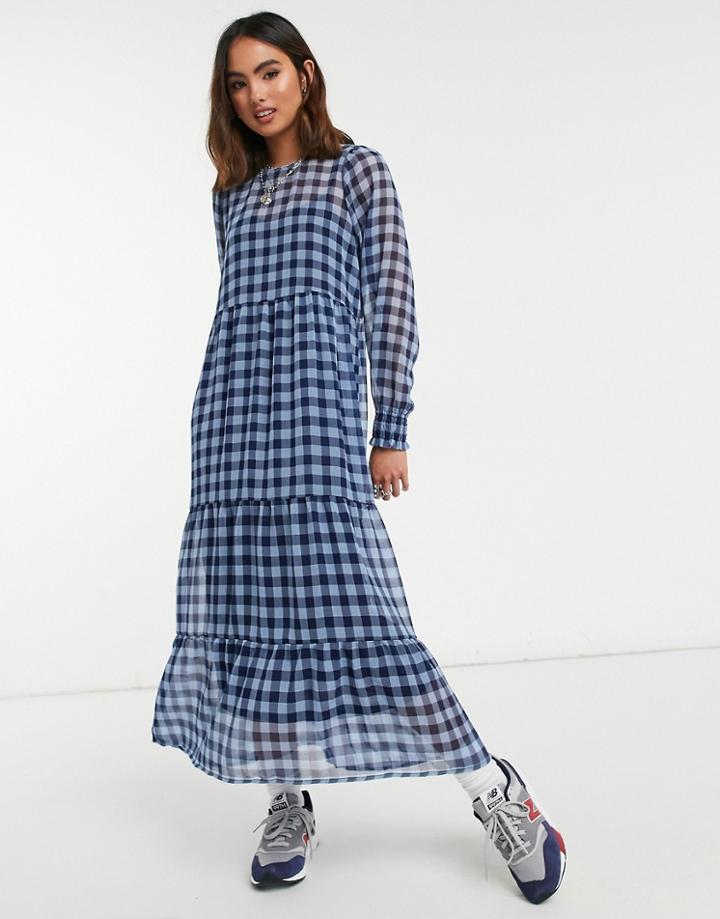 Only Midi Smock Dress In Blue And Black Gingham-multi