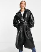 Vila Leather Look Trench Coat In Black
