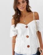 Asos Design Broderie Off Shoulder Top With Contrast Buttons - White