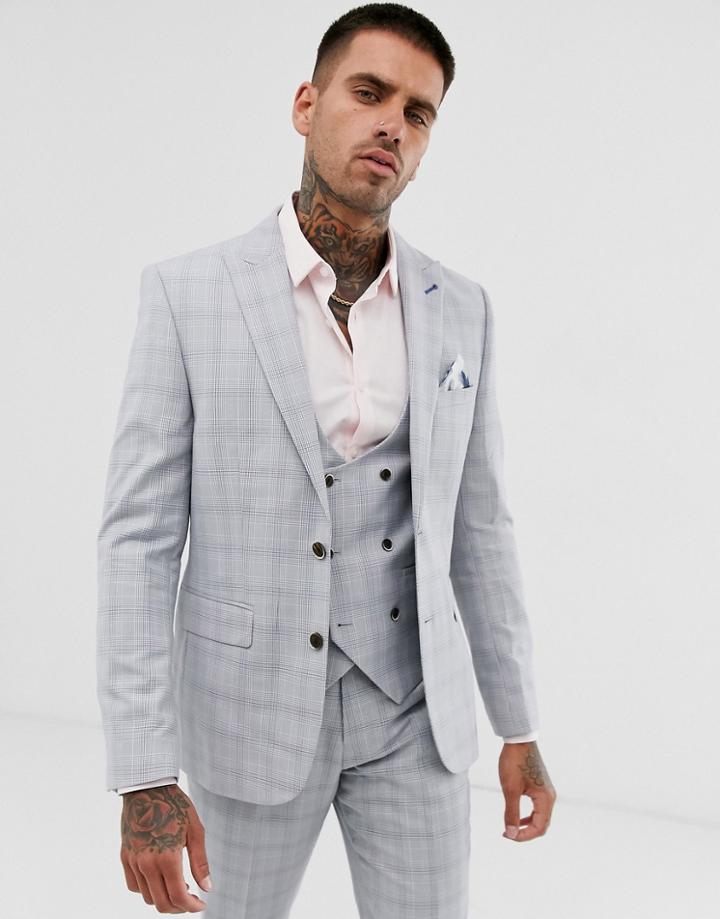 Harry Brown Wedding Slim Fit Stone Blue Check Suit Jacket - Stone