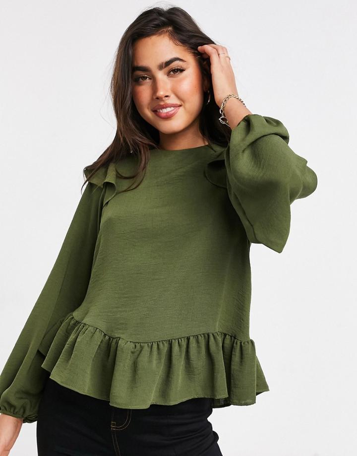 Asos Design Long Sleeve Blouse With Ruffle Detail In Olive-no Color