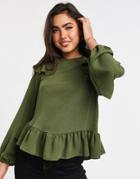 Asos Design Long Sleeve Blouse With Ruffle Detail In Olive-no Color