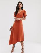 Asos Design Super Soft Puff Sleeve V Back Midi Dress With Asymmetric Hem-orange