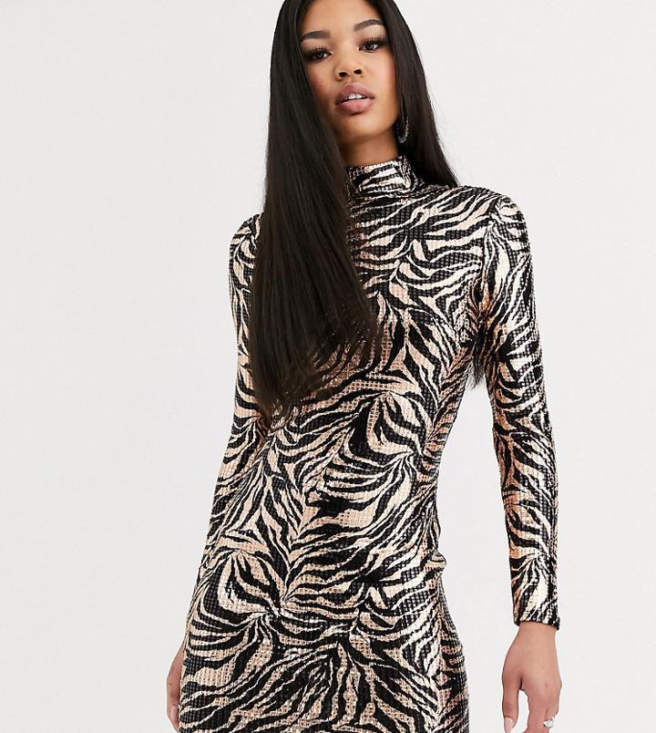 Flounce London Metallic Print Mini Dress In Black And Rose Gold